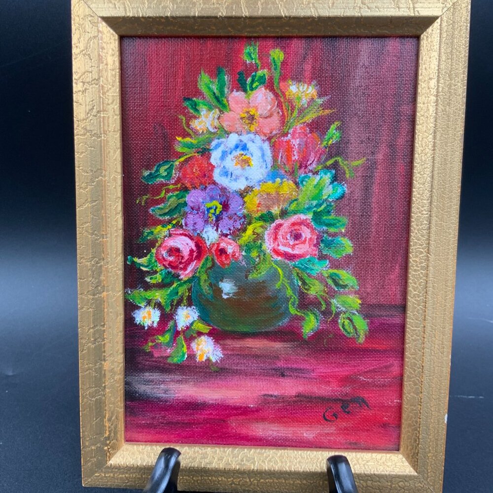 Signed Gen Vintage Oil On Canvas Still Life Flowers Framed 8" x 6"
